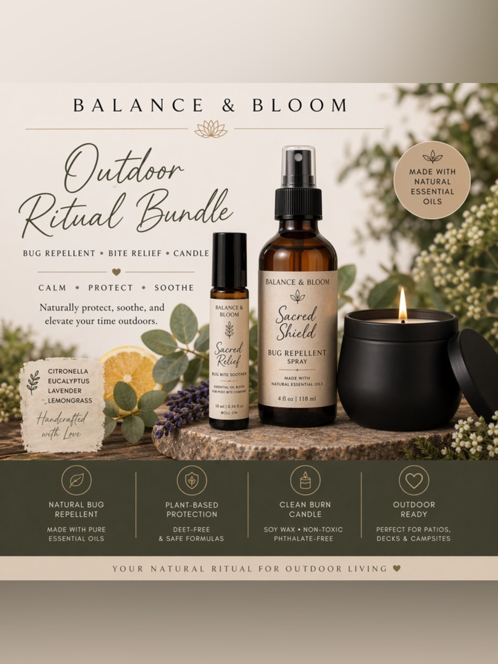 Outdoor Ritual Bundle 🌿 Bug Repellent Spray + Bite Relief + Soy Candle